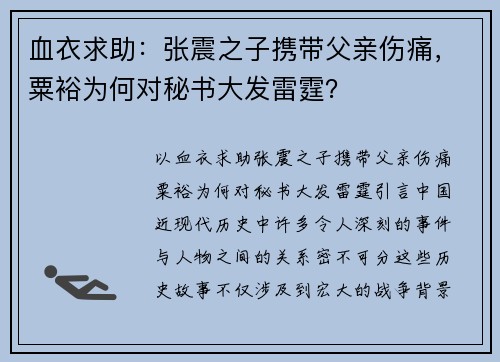 血衣求助：张震之子携带父亲伤痛，粟裕为何对秘书大发雷霆？